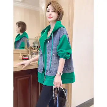 Новая Женская джинсовая куртка С капюшоном, джинсовое пальто в стиле пэчворк, Короткие топы, Свободная корейская модная весенне-осенняя куртка