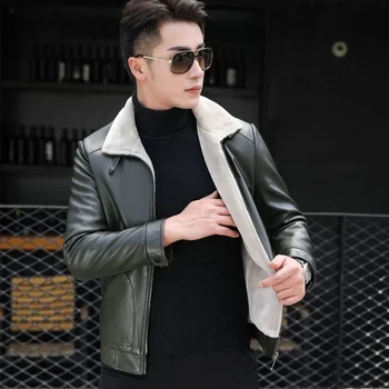Новое мужское пальто из натуральной кожи, зимнее, плюшевое, теплое, с интегрированным мехом ягненка, 100% аутентичное