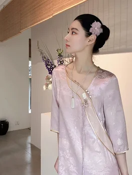 Новый китайский стиль, женская одежда в китайском стиле, улучшенный чонсам, чайное платье дзен, спокойный стиль, высококачественный розовый атласный жаккард