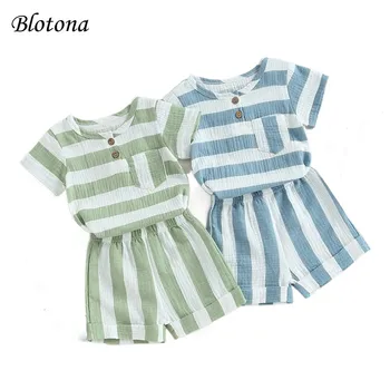 Одежда для новорожденных Blotona из 2 предметов, Полосатая футболка с коротким рукавом из хлопка и льна и эластичные шорты, Летний повседневный комплект от 0 до 3 лет