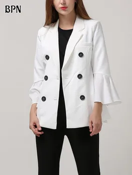Однотонная минималистичная куртка BPN для женщин с V образным вырезом и расклешенными рукавами в стиле пэчворк, Двубортные куртки для похудения, Женская Модная одежда, Новинка