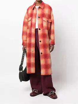 Осень-зима 2023 Новое женское клетчатое шерстяное пальто средней длины с логотипом сзади, женская однобортная теплая верхняя одежда, топ с двойными карманами