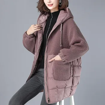 Пальто для женщин 2023, Зимняя Новая Свободная Пуховая куртка с хлопковой подкладкой, Длинная куртка с подкладкой из имитационной шерсти ягненка