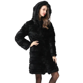 Пальто из натурального кроличьего меха с капюшоном, распродажа, Новая зимняя женская куртка из натуральной кожи, роскошная черная толстая теплая куртка из цельного меха