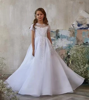 Платье для Первого причастия на свадьбу, аппликации, платья для девочек в цветочек, Белое тюлевое Кружевное Милое бальное платье с бисером на День рождения ребенка