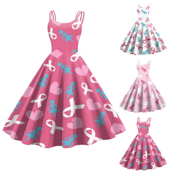 Платье от рака, Женское платье от рака молочной железы, Розовая лента, Платье миди на тонких бретельках без рукавов 1950-х годов