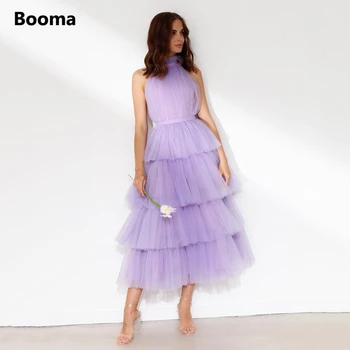 Платья для выпускного вечера Booma Lilac Миди на бретелях с открытой спиной, многоуровневая фатиновая юбка Длиной до чайной длины, платья для свадебных вечеринок, плиссированные платья для выпускного вечера А-силуэта