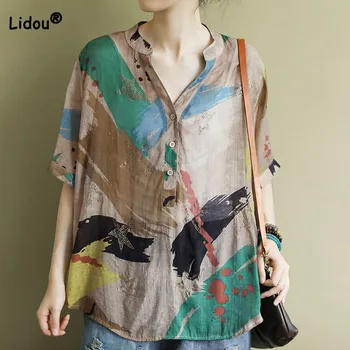 Повседневная винтажная тонкая блузка с принтом на половину рукава, Летняя женская одежда, модная однобортная рубашка с V-образным вырезом, женская одежда