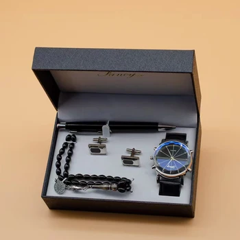 Подарочный набор Мужских часов С высококачественной Коробкой, Роскошные Кварцевые Наручные часы, Браслет-Четки, Запонки, Ручка, Мужские Часы, Набор Для мужского Подарка