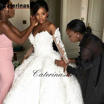 Потрясающие свадебные платья больших размеров, цветы ручной работы, 3D кружевная аппликация, свадебные платья из бисера, Дубай, Африканский хрустальный тюль