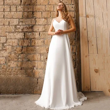 Простые шифоновые свадебные платья с V-образным вырезом на бретельках, Сексуальное платье Невесты без рукавов с открытой спиной Для женщин, изготовленное по индивидуальным меркам