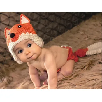 Реквизит для фотосъемки новорожденных, Новая вязаная крючком хлопковая шапка с лисой ручной работы и шорты, 2 шт./компл., детский костюм