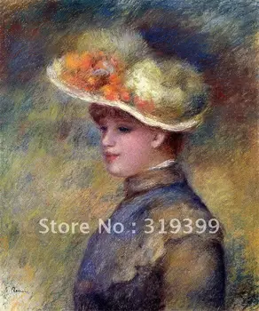 Репродукция картины маслом на холсте, молодая женщина в шляпе с дикими розами кисти Пьера Огюста Ренуара, бесплатная доставка, ручная работа