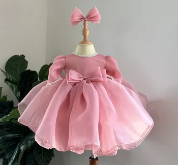 Розовое платье для маленьких девочек, Пышные платья с бантом Для девочек, Платье для Причастия с длинным рукавом Длиной до колен, Платья в цветочек для девочек, Детский подарок