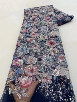 Роскошная африканская свадебная кружевная ткань с тяжелым бисером 2023, высококачественная нигерийская ткань из французского тюля с 3D цветами для вечернего платья