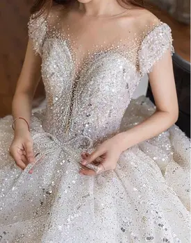 Роскошные свадебные платья принцессы 2022 Трапециевидной формы с короткими рукавами, блестящий бисер, Прозрачный вырез из хрусталя, Европейские свадебные платья высокого класса, Элегантные