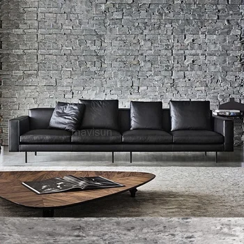 Роскошный скандинавский кожаный диван, Ленивая современная гостиная для маленькой квартиры, Простой диван с черной обивкой, Секционная мебель для дома