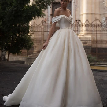 Свадебное платье в стиле принцессы, рукава с глубокими плечами, Талия из Органзы, Юбка с бисером на спине, пуговицы для Свадебных платьев Невесты