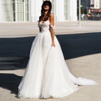 Свадебные платья COZOK Boho с открытыми плечами, Кружевные аппликации с 3D Цветами, Свадебное платье Принцессы Трапециевидной формы, Милая свадебное платье