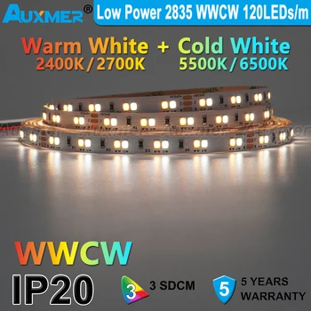 Светодиодные ленты низкой мощности 2835 WWCW 120 светодиодов/м, регулируемая цветовая температура, CCT, DC12/24V, 9,6 Вт/м, 600 светодиодов/катушка, 5 метров/катушка IP20