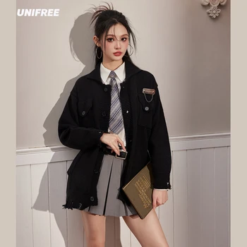 Свободный черный кардиган UNIFREE для женщин, Модный Повседневный эстетичный свитер со стоячим воротником, пальто в корейском стиле, Осенняя женская куртка
