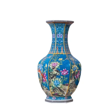 Старинная эмалевая ваза Цзиндэчжэнь, Многоугольные вазы с цветами и птицами, Древний фарфор династий Мин и Цин