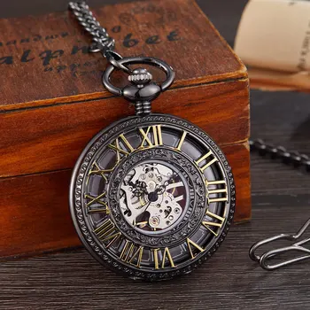 Старинные механические карманные часы Для мужчин И женщин, Римские цифры, Бронзовый деревянный полый брелок, Цепочка, Ручной ветер, часы в стиле Стимпанк, часы-скелет