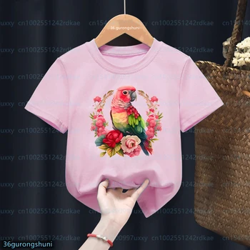 Футболка Kawaii для девочек, Яркая Цветочная Футболка с изображением Попугая, Птицы и животных, Розовая футболка с коротким рукавом Для девочек, Летняя футболка для малышей, Топ Оптом