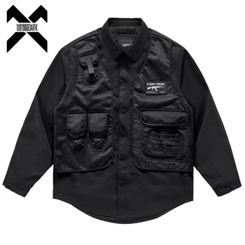 Хип-хоп функция Поддельные две рубашки Мужские 2023 Тактические рубашки с длинным рукавом пальто рубашки Harajuku Черные топы мужская одежда Техническая