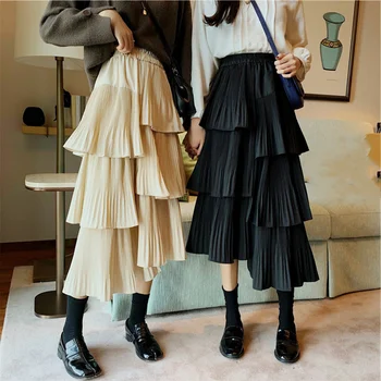 Черная юбка-торт с высокой талией, женская Ретро Повседневная многослойная плиссированная оборка, корейская модная одежда Faldas Mujer Street