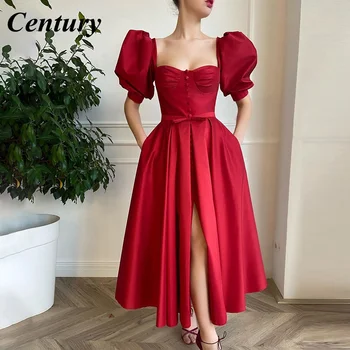Элегантные красные платья для выпускного вечера Century с пышными рукавами, разрезом спереди, на пуговицах, с карманами, платья для свадебной вечеринки чайной длины